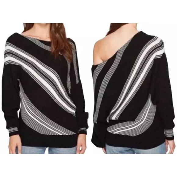 Free People Spectrum Black White Striped Pullover Sweater Off Shoulder Medium - Picture 11 of 11